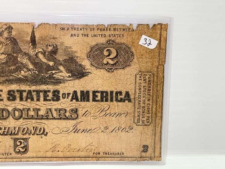 1862 Civil War Era Confederate States of America $2 Bill, Scarce ...