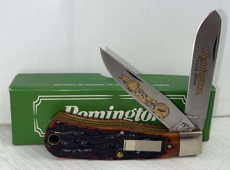 Remington Grand American 100th Anniversary "Baby Bullet" Mini-Trapper Knife, 2-2-1/2" Blades, Dark Jigged Delrin Handle, Shotgun Shell Shield, TN545