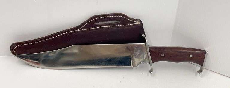 12" Heavy Blade Bowie Knife with Full Tang Construction, 17-3/4" in Length, Custom Knife Maker G. Lewis, Serial #0503, w/ Custom Heavy Brown Leather Sheath, TN408