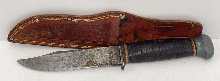U.S. Navy Mark 1 (USN Mk 1), Standard Issue during WWII, Classic Stacked Leather Handle w/ Red & Black Rings, TN473