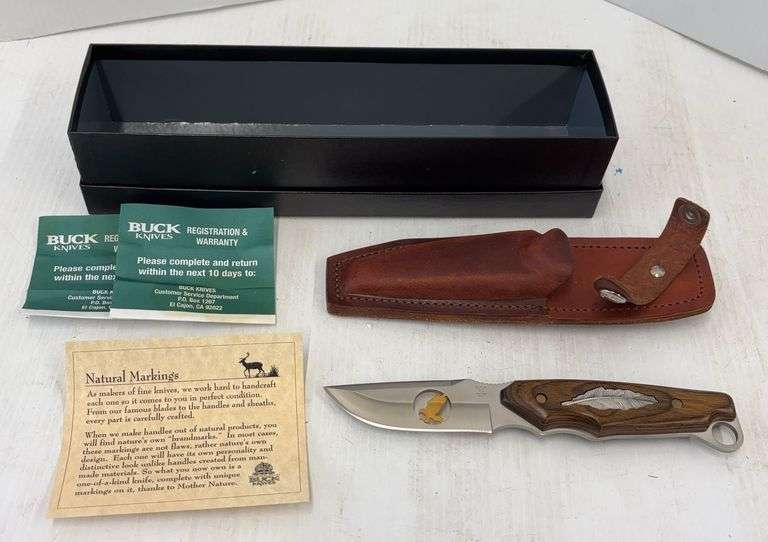 Buck Knives Limited Edition Buck 403 Big Sky "Eagle", 3-3/4" Blade with 24K Gold-Plated Eagle, Smooth American Walnut w/ Detailed Feather Inlay Handle, Brown Leather Sheath, TN519