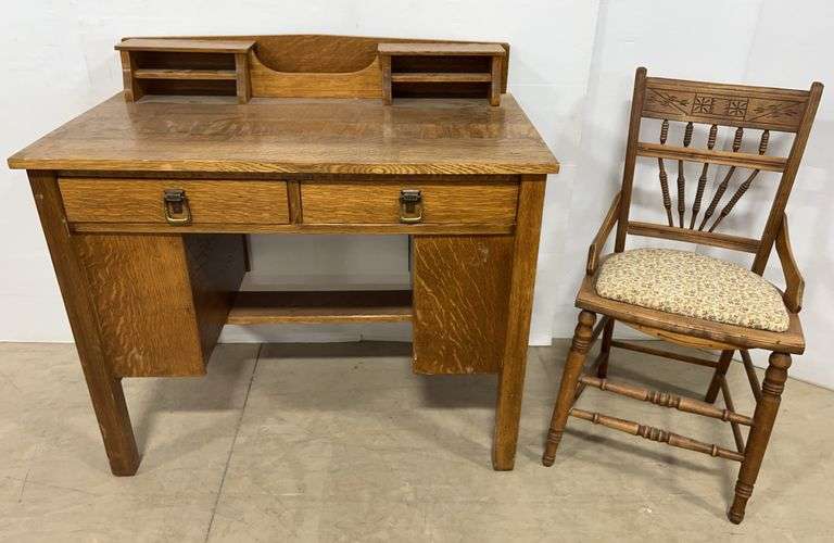 Early 1900's Oak Mission Style Desk for Office or Library, Oak Chair