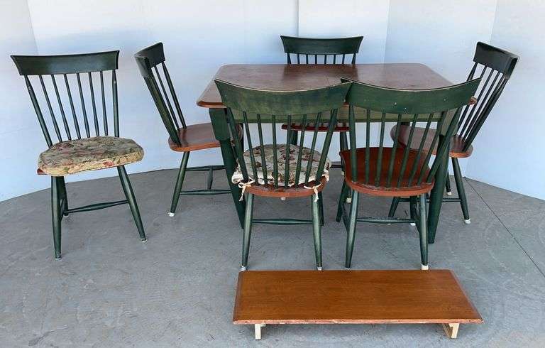 Green and Brown Wooden Dining Table with (6) Chairs