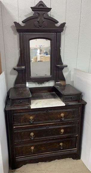 Antique Wooden Walnut Glove Box Dresser with White Marble Top and Mirror