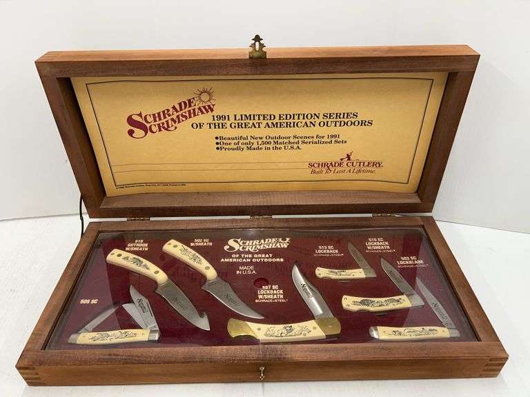 Schrade Scrimshaw One of 1500, 7-Knife Display from 1991, New in Cherry Wood Factory Display Box, TN439