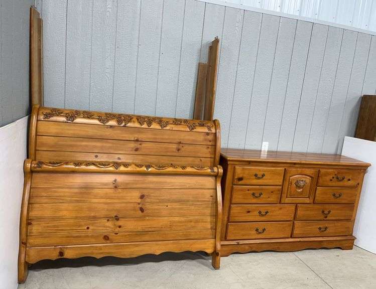 Pine Queen Bed, Matching Dresser, Carved Grape Details