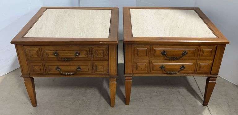 Pair of Older Side Tables with Drawers and Marble Tops