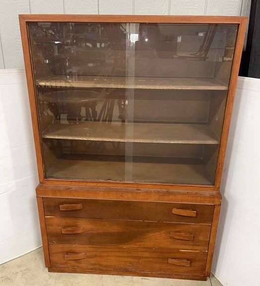 Older Wooden Teak Cabinet, Glass Sliding Doors