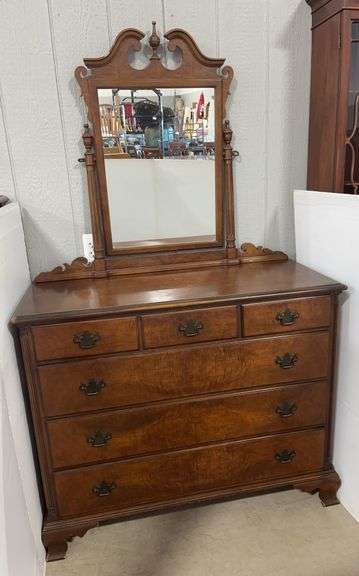 Older 6-Drawer Long Wooden Dresser with Mirror