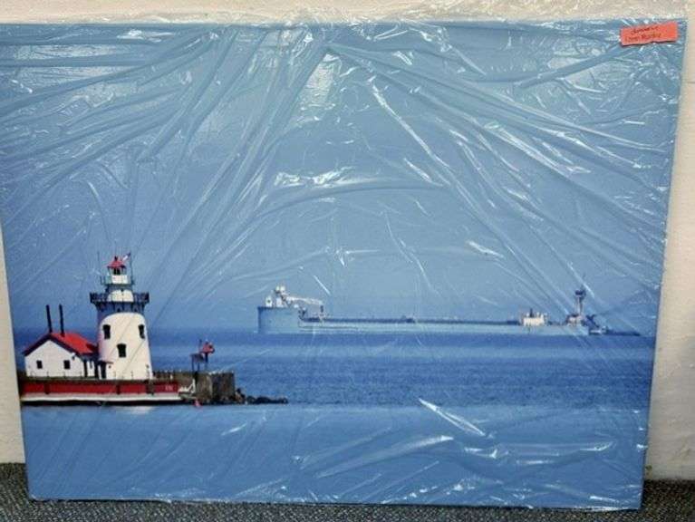 Lighthouse and Freighter Photo Canvas