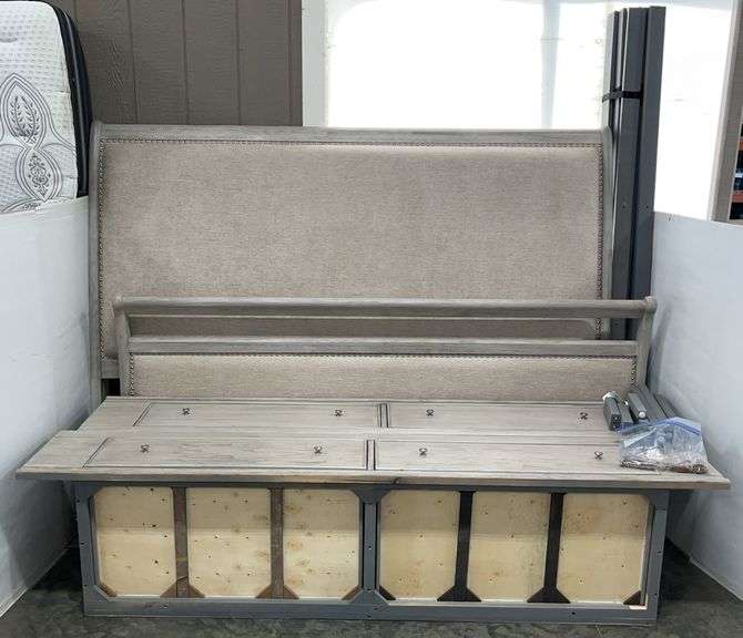 Grey Wood Walter of Wabash King Size Fabric Padded Bedroom Headboard and Footboard Set with Built-In Cedar Lined Drawers on Side Boards