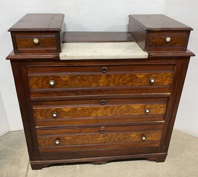 Antique Victorian Style Dresser, Features Burl Walnut Veneer Drawer Fronts and a White Marble Top