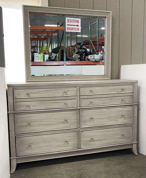 Grey Wood Walter of Wabash Long 6-Drawer Bedroom Dresser with Matching Mirror, Felt-Lined Upper Drawers, Bottom Cedar