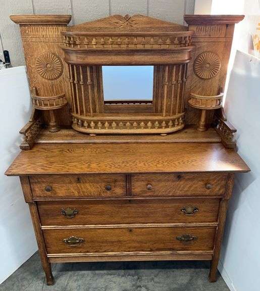 High Victorian Circa 1830-1890 Mirrored Curio Cabinet in White Oak, Original Patina with Oil Lamp Pedestals with Rosette Backings, Sits on Period Correct 4-Drawer Dresser (Also in White Oak)