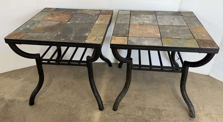 Pair of Slate Tile End Tables with Metal Bases