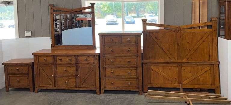 4-Piece Bedroom Set, Includes: Nightstand, 28"W x 16"D x 28"H; 7-Drawer Dresser, 62"W x 18"D x 37"H, Has One Replaced Knob; 6-Drawer Dresser, 36"W x 17"D x 54"H; Headboard and Footboard, Headboard- 66" x 66"