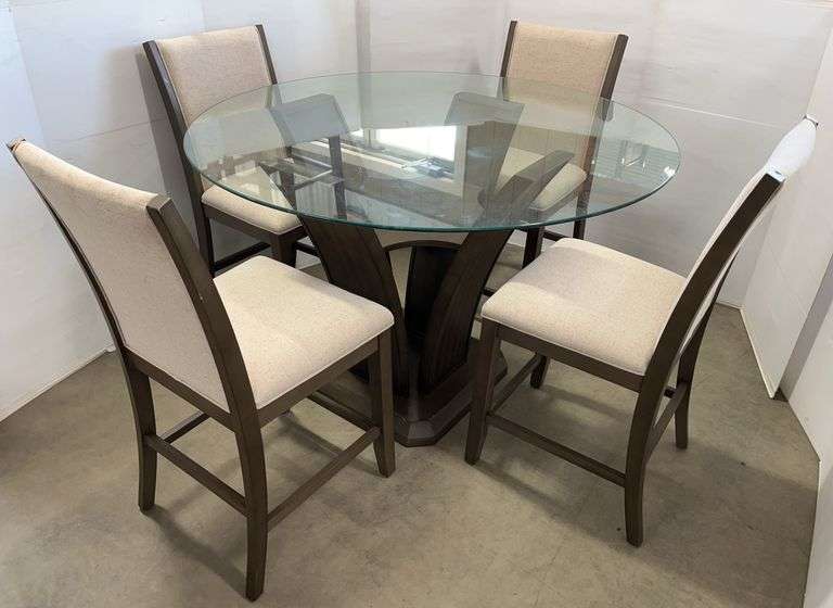 (4) Round Cream Padded Chairs/Dining Table Set with Large Base and Glass Top
