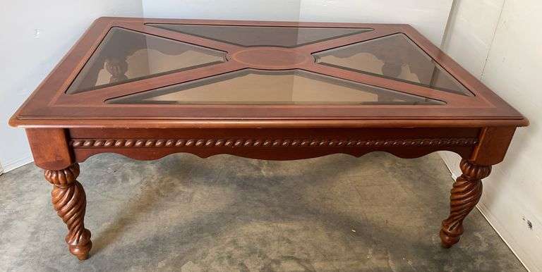 Coffee Table Featuring a Cherry Wood Finish and Glass Top with 4-Triangle Pieces