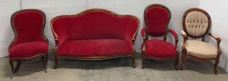4-Piece Victorian Style Settee, Rocker, and (2) Chairs