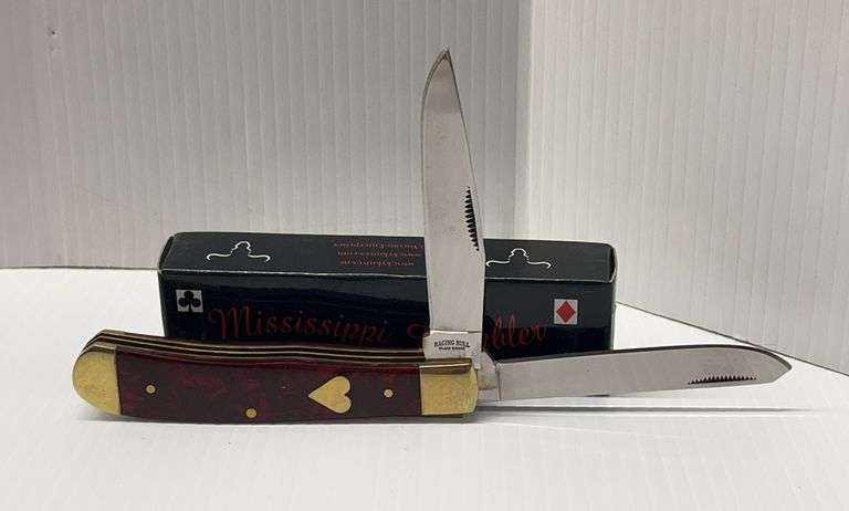 Raging Bull Bladeworks, Mississippi Gambler Series, 1- 3" Clip Point Blade, 1- 3.25" Drop Point Blade, Red Composite Handle with Heart Shield, TN580