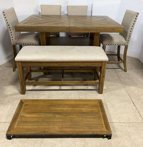 Wood High-Top Table with Leaf, (4) Chairs, and Bench