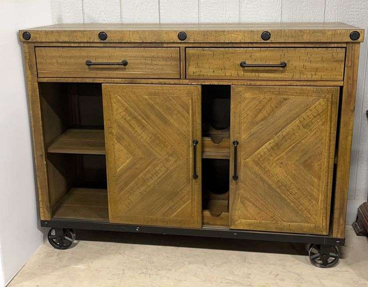 Rollable Wine and Multi-Storage Cabinet, 2-Drawer and Sliding Doors