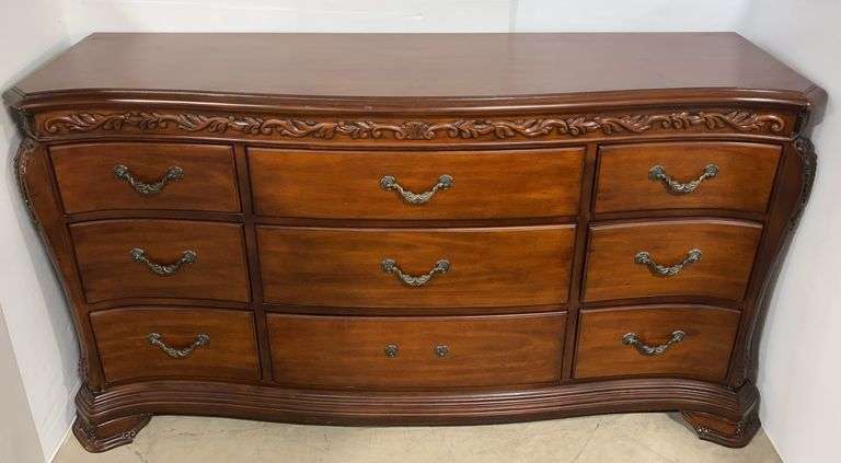 Very Large Wooden Carved 9-Drawer Bedroom Dresser