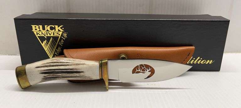 Buck Knives Limited Edition, Buck 192 Vanguard Custom, Elk Profile in Blade, Premium Genuine Elk Antler Handle, Brown Leather Sheath, #301 of 2,000 Made, TN545