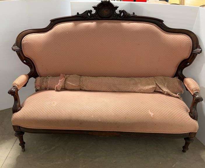 High Back Victorian Settee, Light Staining on Seat, Bolt of Original Fabric for Repair