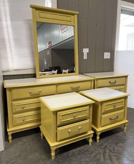 Older 5-Piece Yellow Rattan Design Bedroom Set, Includes: Pair of Nightstands with 2-Drawers Each, 3-Drawer Dresser, 6-Drawer Dresser, and Mirror, All with White Formica Tops