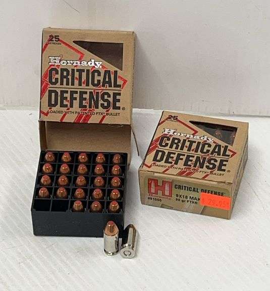 (50) Hornady Critical Defense 9x18 Makarov, 96-Grain, FTX Brass Case (2) Boxes, TN682