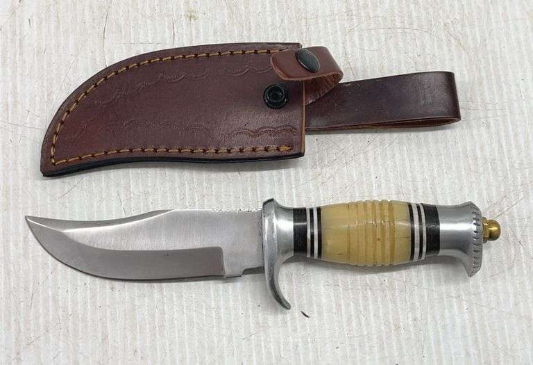 Older Bowie Knife, Stainless Steel, Camel Bone Handle with Leather Sheath, TN572