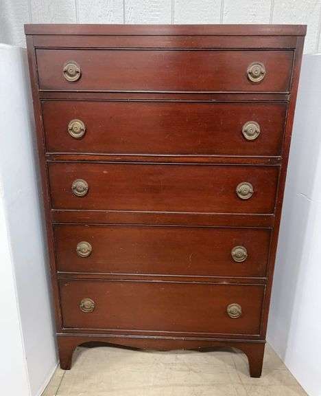 Vintage Mahogany Veneer 5-Drawer Dresser, Hallmark Quality Furniture Brand Sold by Montgomery Ward in the 1950s, Third Drawer Has Dividers