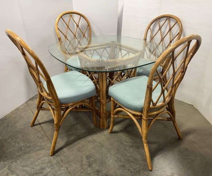 Bamboo Glass Top Table with (4) Cushion Chairs