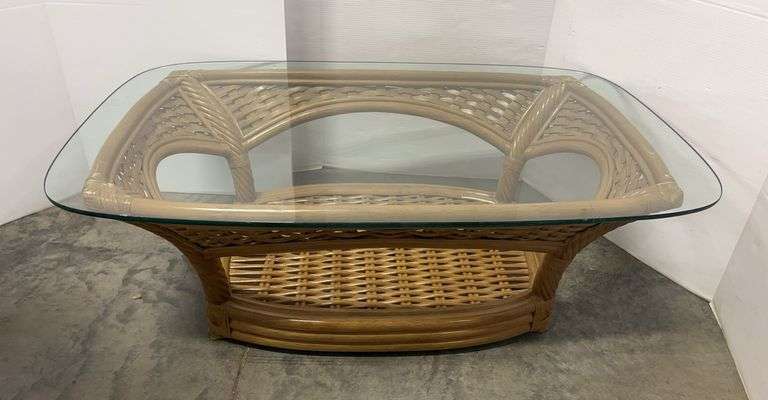 Wicker Wooden Coffee Table with Glass Top