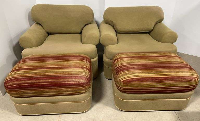 Pair of Green Armchairs with Ottomans