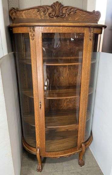 Solid Oak Wood Hand Carved Display Case, 3-Adjustable Shelves, Center Glass is Plexiglass, Clawfoot Base