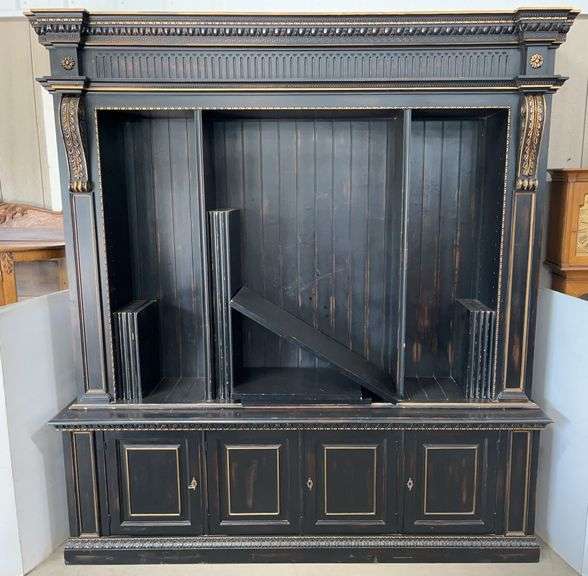Solid Wood Bookcase with Doors and Shelves with Brackets, Black with Distressed and Gold Finish, Made in Italy