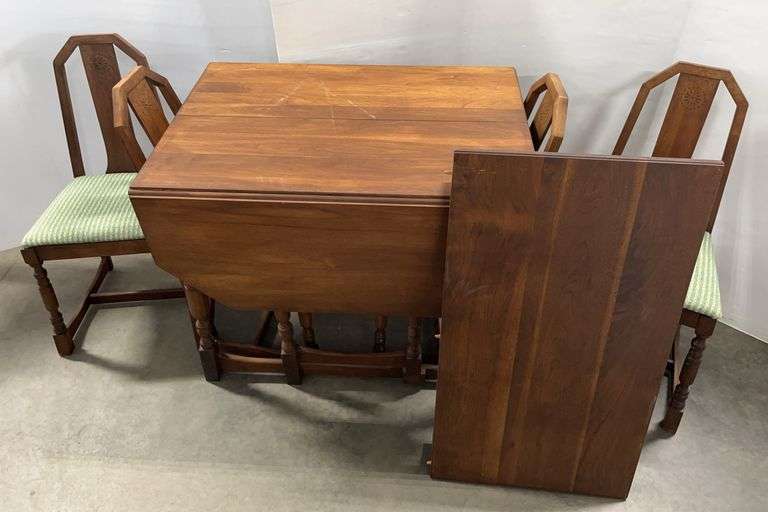 Older Walnut Table with Leaf, Folding Sides, and (4) Padded Chairs