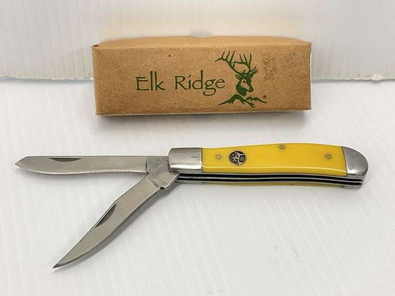 Elk Ridge Folding Pocket Knife, 2x 2.5" Satin Finish Stainless Steel Blade, Yellow Handle w/ Elk Shield Inlaid, TN921