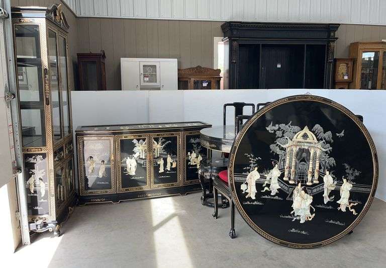 Mother of Pearl Black Lacquer Hand Carved Dining Suite Set, Includes: Table, (5) Chairs, Stool, Hutch, Buffet, and Wall Hanging