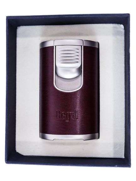 The Regal Quad flame table top lighter in light brown leather, with side mounted trigger, over-sized flame adjuster, high capacity fuel tank and all shipped in an attractive gift box... Is truly an amazing torch.