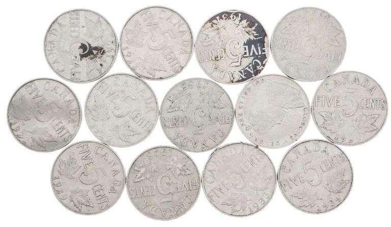 Group of 13 Canada King George 5 cents