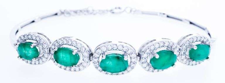 925 Sterling Silver Fancy Emerald Bracelet - 5 Emeralds =2.00ct & 1.00ct CZ - Appraisal -$1030.00