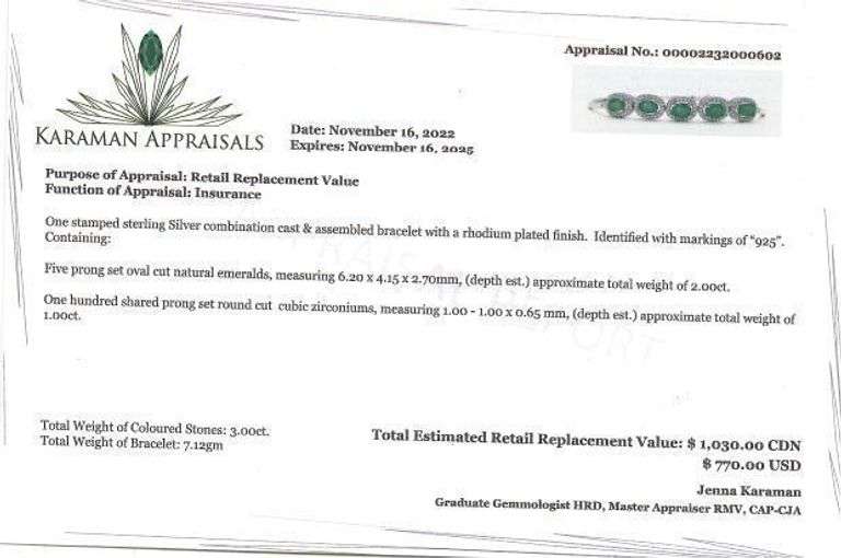 925 Sterling Silver Fancy Emerald Bracelet - 5 Emeralds =2.00ct & 1.00ct CZ - Appraisal -$1030.00