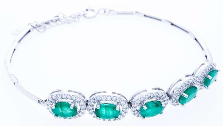 925 Sterling Silver Fancy Emerald Bracelet - 5 Emeralds =2.00ct & 1.00ct CZ - Appraisal -$1030.00