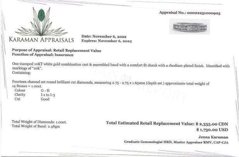 10kt White Gold Diamond Band Ring, 14 Channel Set Diamonds = 1.00ct. Appraisal $2335.00