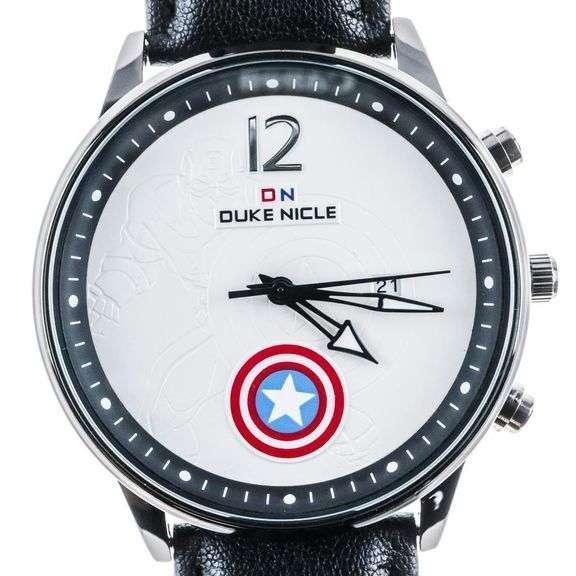 Duke Nicle Watch - Black Leather, White Captain America Dial