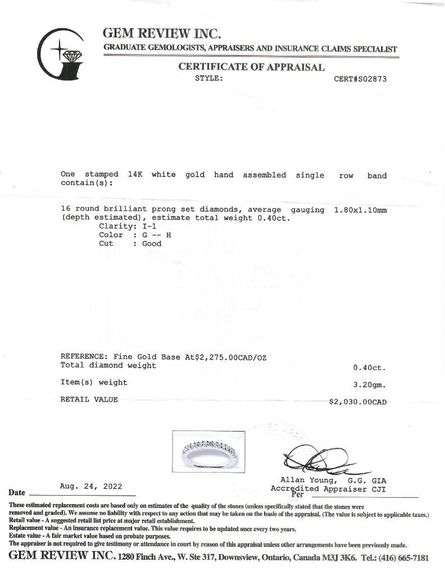 14kt White Gold 16 Diamond Band Ring - .40ct -Appraisal $2030.00