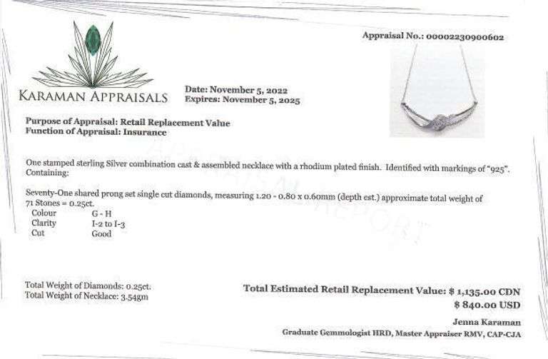 925 Sterling Silver Diamond Necklace - Appraisal $1135.00